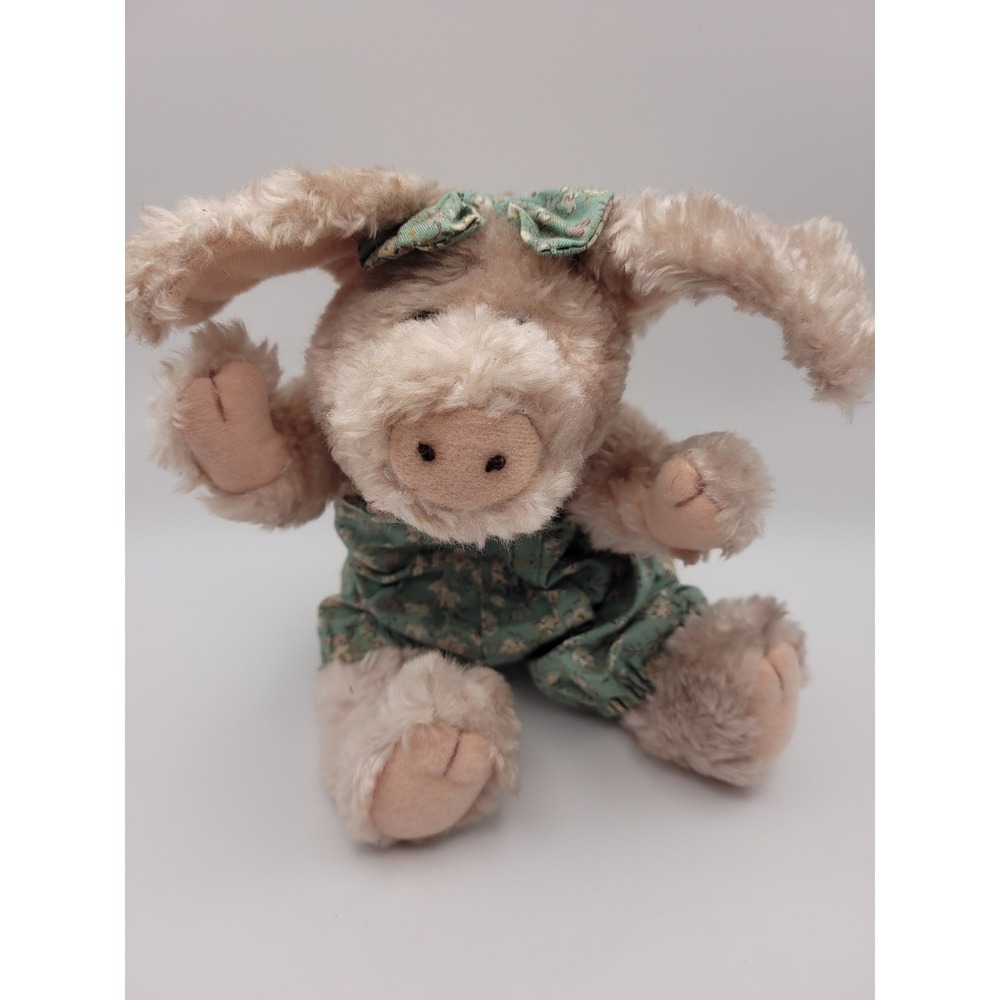 Boyds Bears Pig Plush J.B. Bean Series Tan Green Floral Overalls 7in